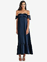 Front View Thumbnail - Midnight Navy Ruffled Off-the-Shoulder Tiered Cuff Sleeve Midi Dress