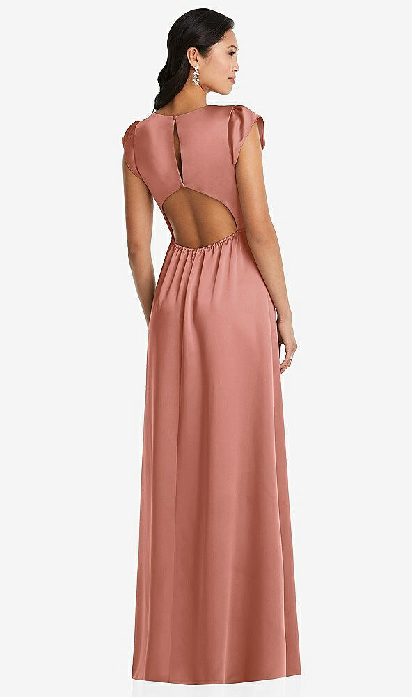 Back View - Desert Rose Shirred Cap Sleeve Maxi Dress with Keyhole Cutout Back
