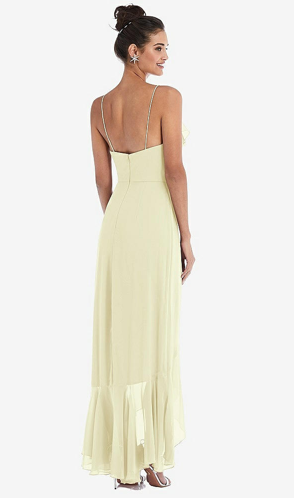 Back View - Butter Yellow Ruffle-Trimmed V-Neck High Low Wrap Dress