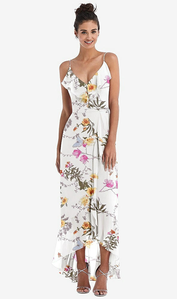 Front View - Butterfly Botanica Ivory Ruffle-Trimmed V-Neck High Low Wrap Dress