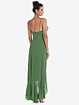 Rear View Thumbnail - Vineyard Green Ruffle-Trimmed V-Neck High Low Wrap Dress