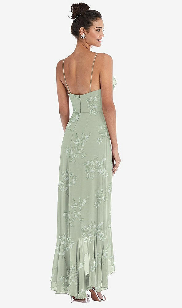 Back View - Vintage Primrose Sage Ruffle-Trimmed V-Neck High Low Wrap Dress