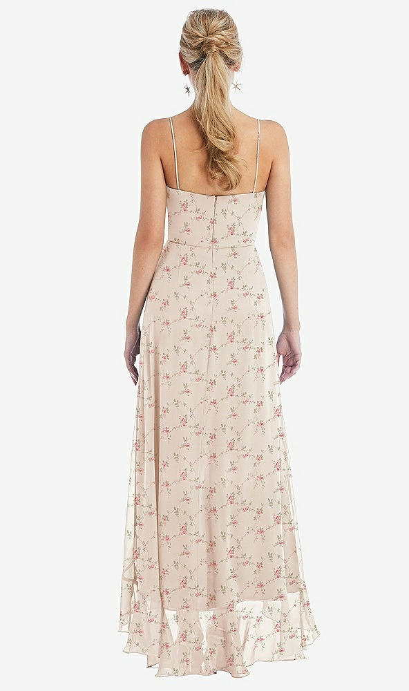 Back View - Coquette Floral Print Scoop Neck Ruffle-Trimmed High Low Maxi Dress