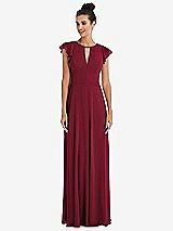 Front View Thumbnail - Burgundy Flutter Sleeve V-Keyhole Chiffon Maxi Dress
