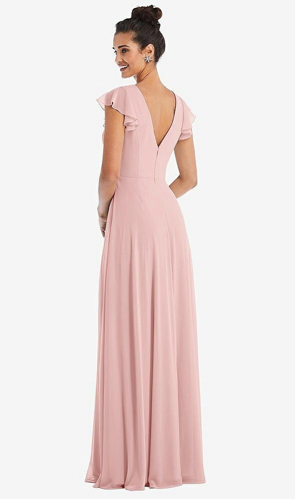 Back View - Rose Flutter Sleeve V-Keyhole Chiffon Maxi Dress