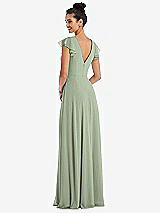 Rear View Thumbnail - Sage Flutter Sleeve V-Keyhole Chiffon Maxi Dress