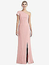 Front View Thumbnail - Rose One-Shoulder Cap Sleeve Trumpet Gown with Front Slit
