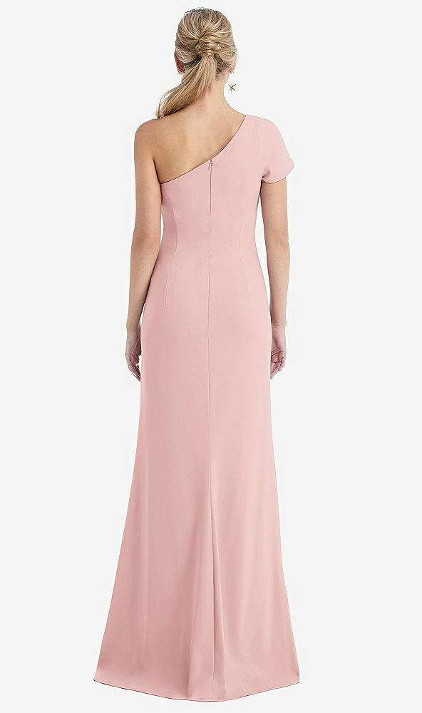 Back View - Rose One-Shoulder Cap Sleeve Trumpet Gown with Front Slit
