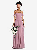 Alt View 1 Thumbnail - Dusty Pink Off-the-Shoulder Ruffle Cuff Sleeve Chiffon Maxi Dress