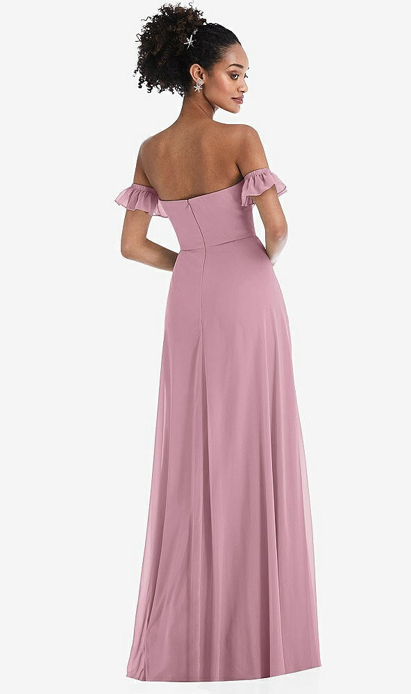 Back View - Dusty Pink Off-the-Shoulder Ruffle Cuff Sleeve Chiffon Maxi Dress