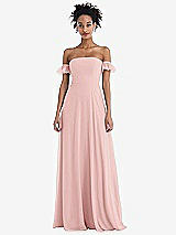 Front View Thumbnail - Rose Off-the-Shoulder Ruffle Cuff Sleeve Chiffon Maxi Dress