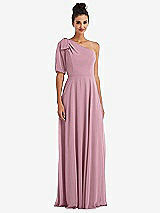 Front View Thumbnail - Dusty Pink Bow One-Shoulder Flounce Sleeve Maxi Dress