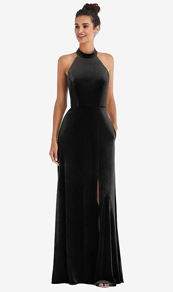 Front View - Black High-Neck Halter Velvet Maxi Dress with Front Slit