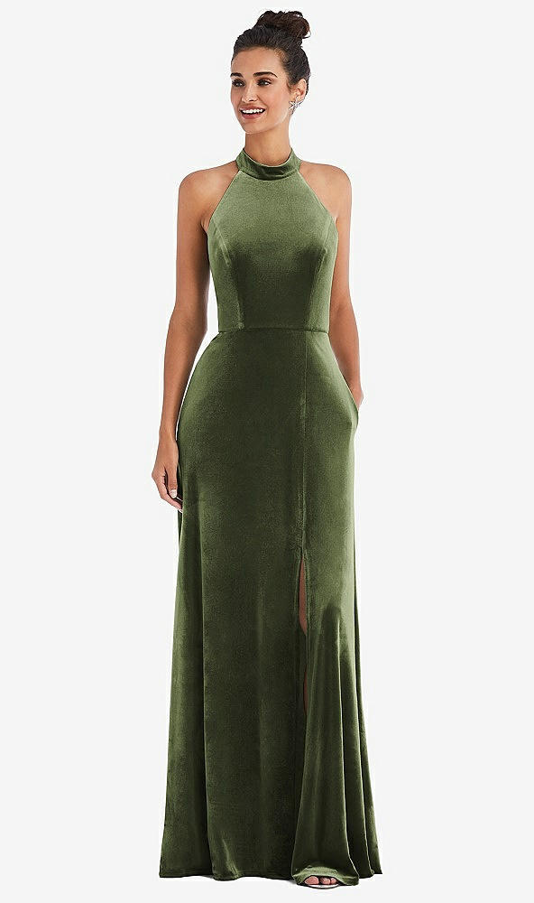 Front View - Olive Green High-Neck Halter Velvet Maxi Dress with Front Slit