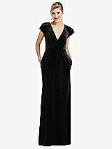 Front View Thumbnail - Black Flutter Sleeve Wrap Bodice Velvet Maxi Dress with Pockets