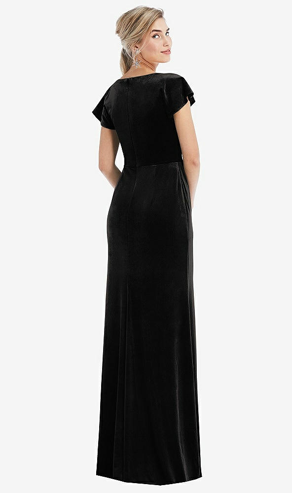 Back View - Black Flutter Sleeve Wrap Bodice Velvet Maxi Dress with Pockets