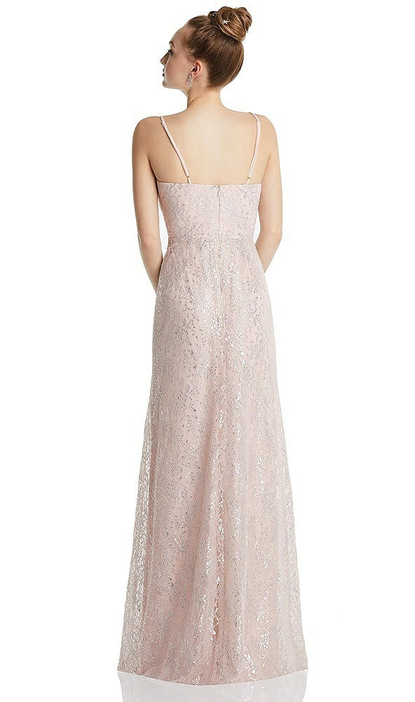 Back View - Blush Draped Wrap Bodice Metallic Lace Maxi Dress