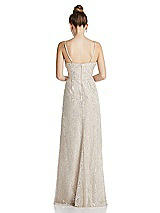 Rear View Thumbnail - Champagne Draped Wrap Bodice Metallic Lace Maxi Dress