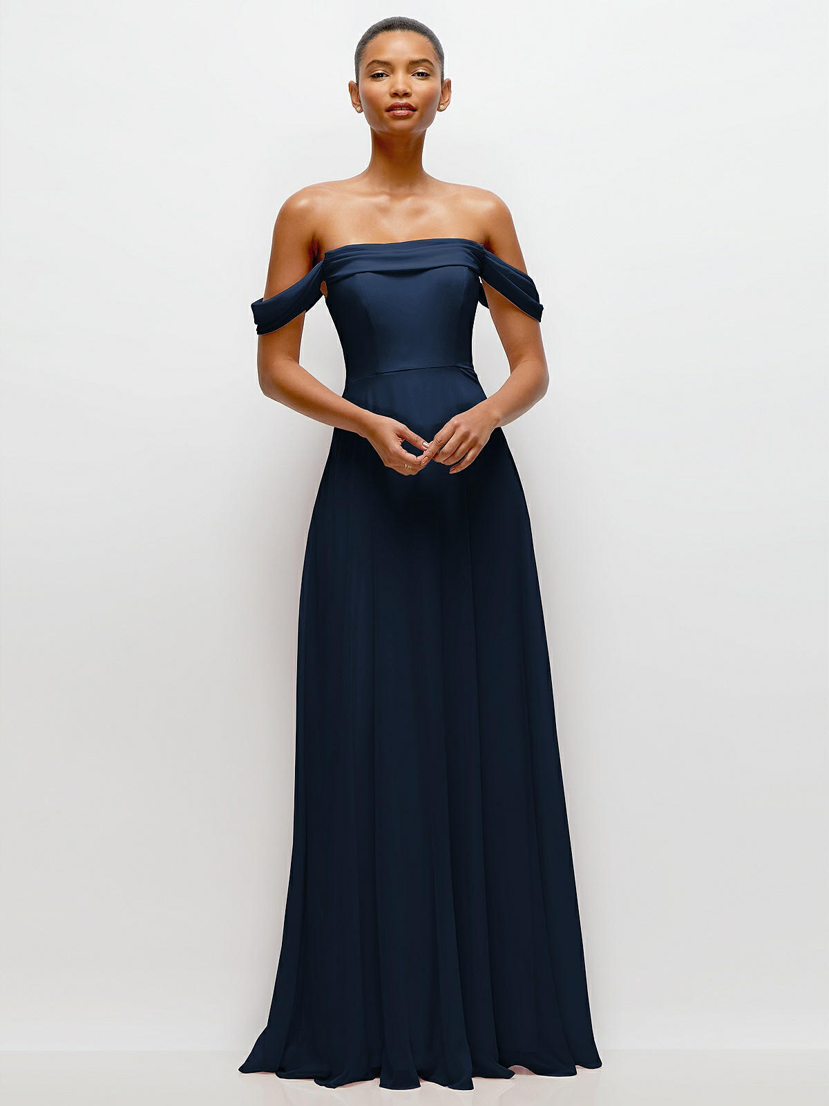 Off-the-shoulder Draped Neckline Maxi Bridesmaid Dress In Midnight
