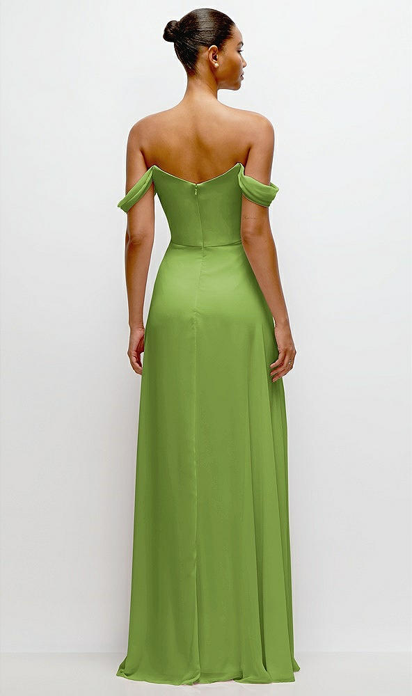 Back View - Peridot Green Off-the-Shoulder Draped Neckline Maxi Dress