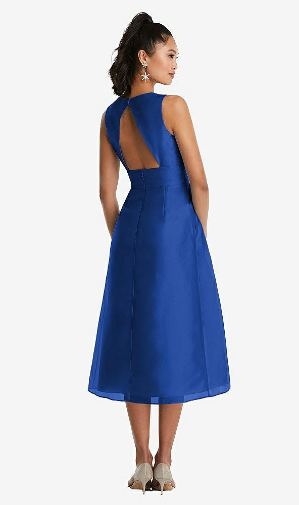 Back View - Sapphire Bateau Neck Open-Back Pleated Skirt Midi Dress