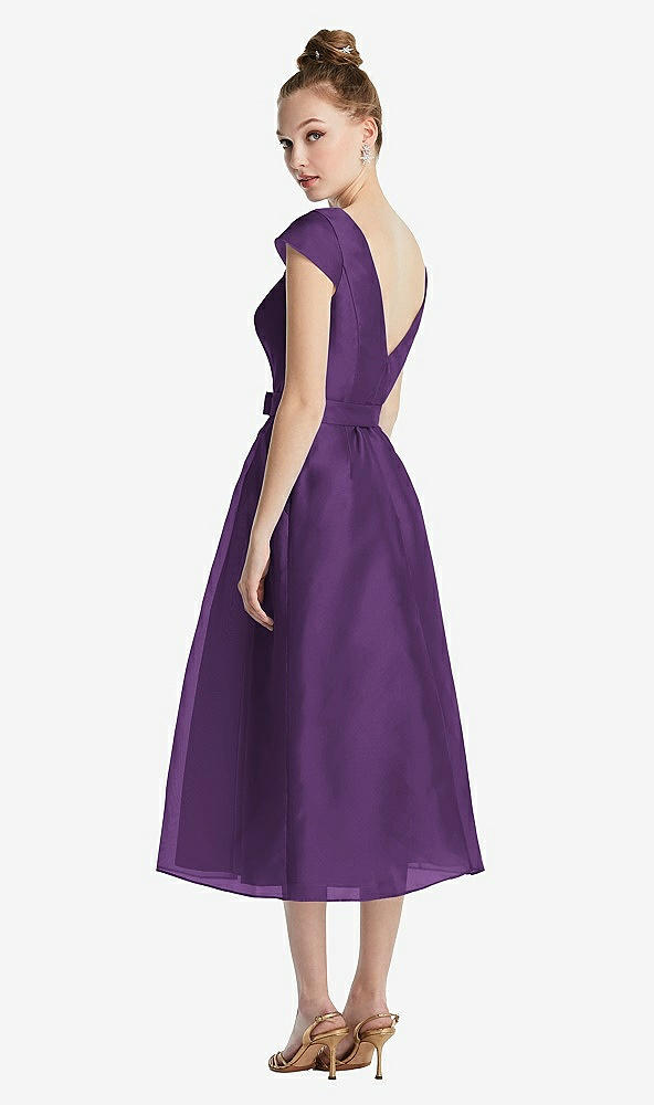 Back View - Majestic Cap Sleeve Pleated Skirt Midi Dress with Bowed Waist