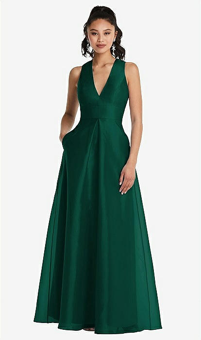 Plunging Neckline Pleated Skirt Maxi Bridesmaid Dress With Pockets In  Hunter Green | The Dessy Group