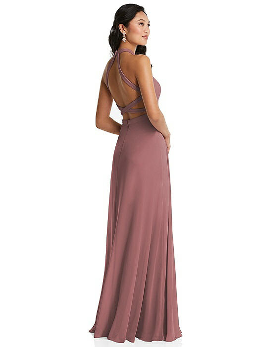 Stand Collar Halter Maxi Dress with Criss Cross Open-Back