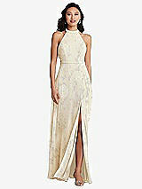 Rear View Thumbnail - Butter Yellow Floral Stand Collar Halter Maxi Dress with Criss Cross Open-Back