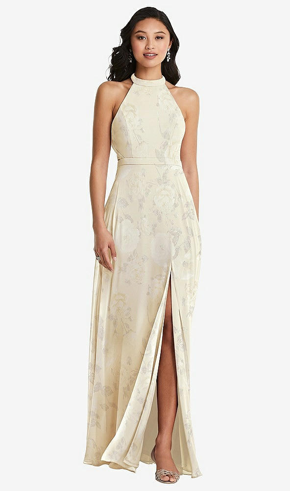Back View - Butter Yellow Floral Stand Collar Halter Maxi Dress with Criss Cross Open-Back