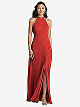Rear View Thumbnail - Poppy Red Stand Collar Halter Maxi Dress with Criss Cross Open-Back