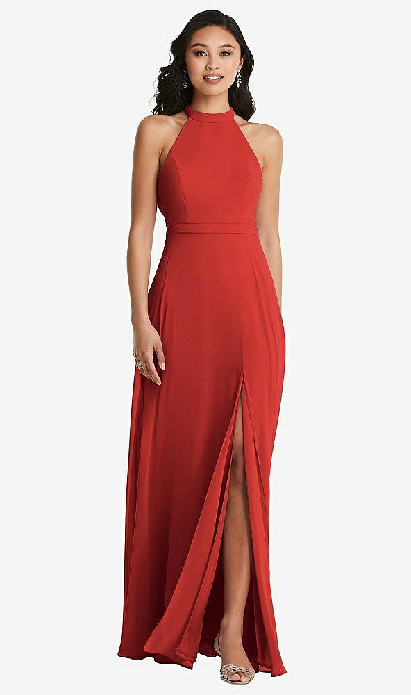 Back View - Poppy Red Stand Collar Halter Maxi Dress with Criss Cross Open-Back