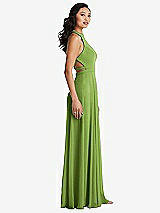 Side View Thumbnail - Peridot Green Stand Collar Halter Maxi Dress with Criss Cross Open-Back