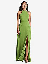 Rear View Thumbnail - Peridot Green Stand Collar Halter Maxi Dress with Criss Cross Open-Back