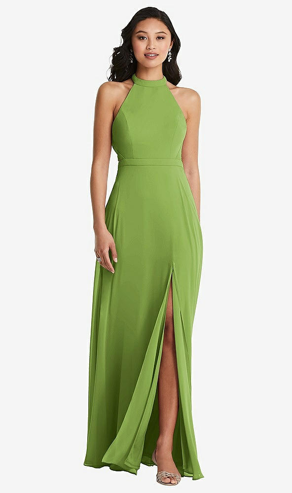 Back View - Peridot Green Stand Collar Halter Maxi Dress with Criss Cross Open-Back