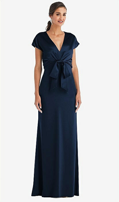dessy navy blue bridesmaid dresses Soft Bow Blouson Bodice Trumpet Dress In Midnight & Midnight Navy SIZE_L-016