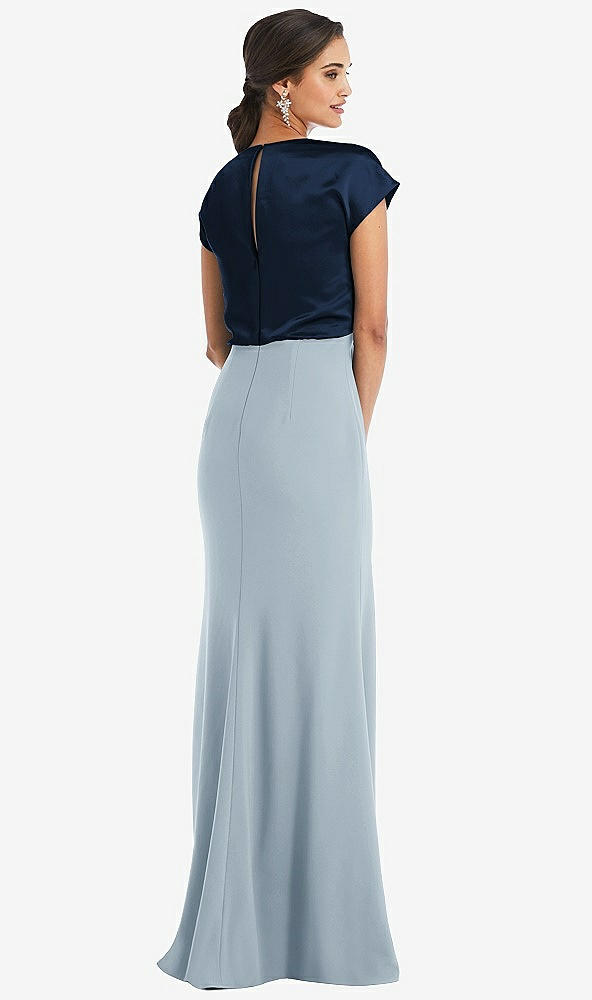 Back View - Mist & Midnight Navy Soft Bow Blouson Bodice Trumpet Gown