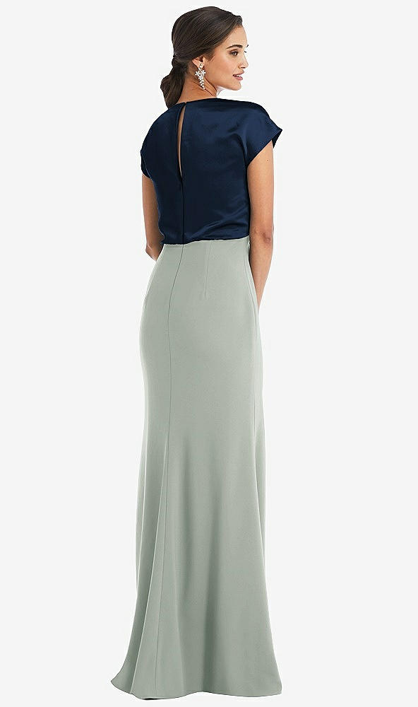 Back View - Willow Green & Midnight Navy Soft Bow Blouson Bodice Trumpet Gown