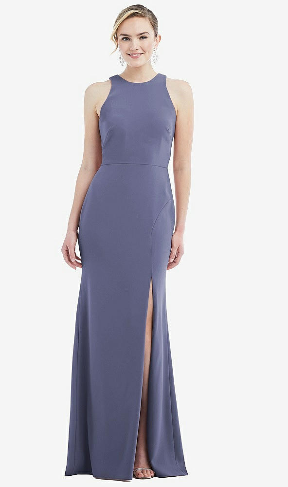 Back View - French Blue & Mist Cutout Open-Back Halter Maxi Dress with Scarf Tie