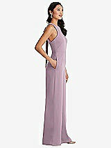Side View Thumbnail - Suede Rose & Cabernet Cutout Open-Back Halter Jumpsuit with Scarf Tie