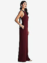 Side View Thumbnail - Cabernet & Cabernet Cutout Open-Back Halter Jumpsuit with Scarf Tie