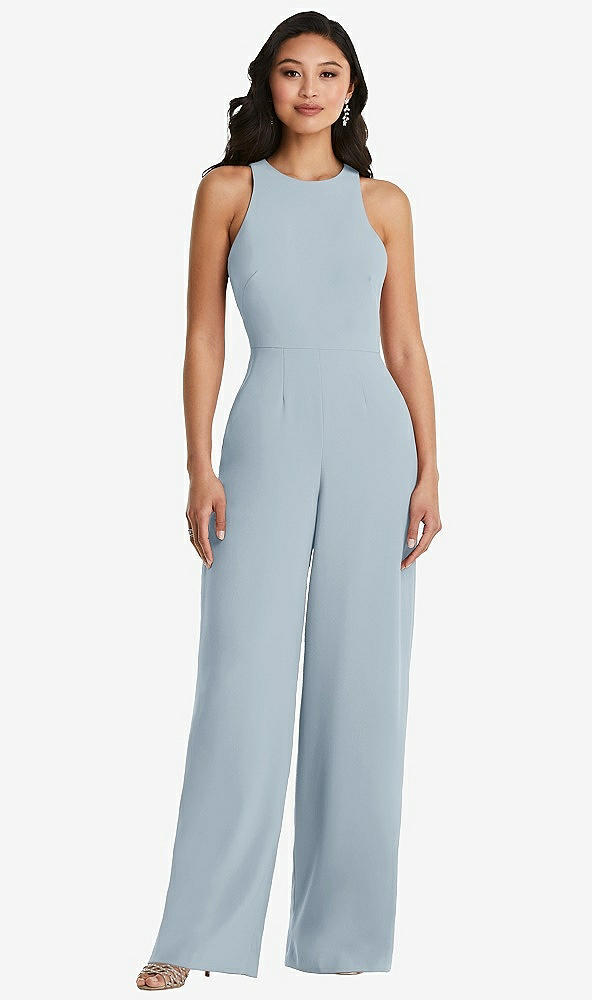 Back View - Mist & Cabernet Cutout Open-Back Halter Jumpsuit with Scarf Tie