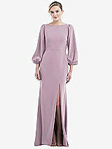 Rear View Thumbnail - Suede Rose & Evergreen Bishop Sleeve Open-Back Trumpet Gown with Scarf Tie