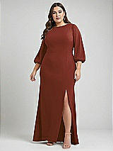 Alt View 1 Thumbnail - Auburn Moon & Evergreen Bishop Sleeve Open-Back Trumpet Gown with Scarf Tie