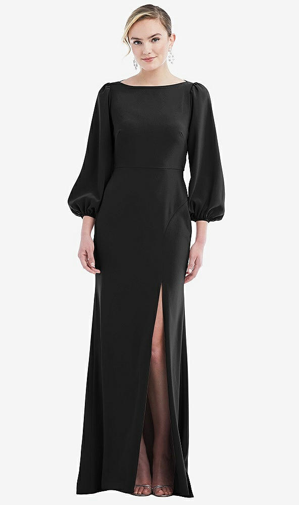 Back View - Black & Evergreen Bishop Sleeve Open-Back Trumpet Gown with Scarf Tie