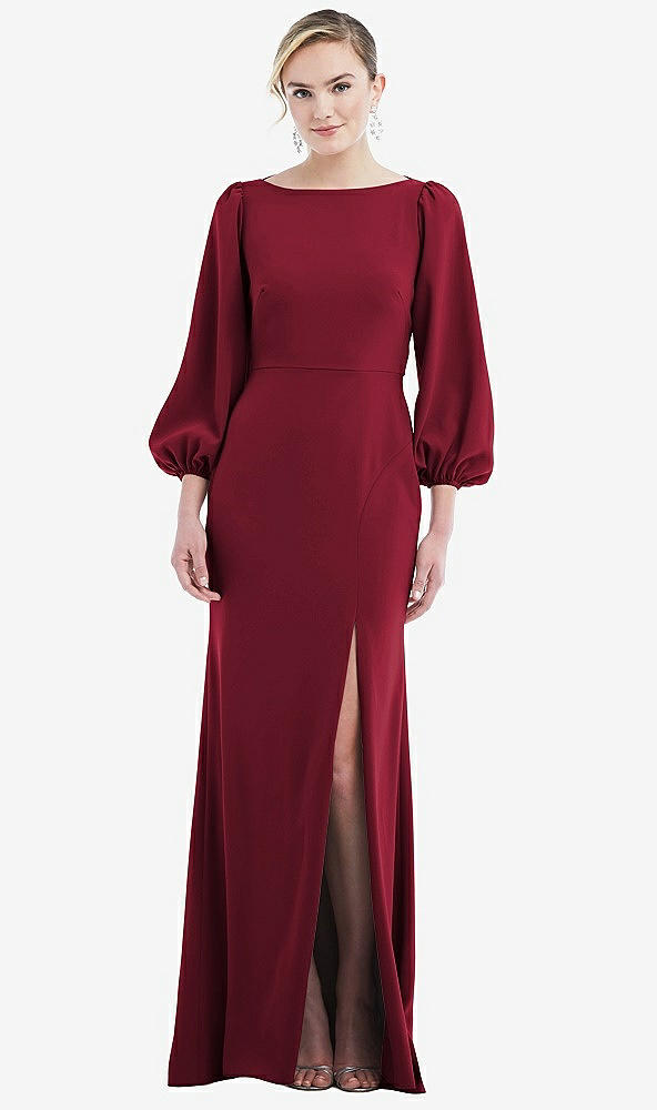 Back View - Burgundy & Evergreen Bishop Sleeve Open-Back Trumpet Gown with Scarf Tie