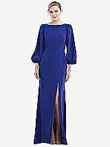 Rear View Thumbnail - Cobalt Blue & Evergreen Bishop Sleeve Open-Back Trumpet Gown with Scarf Tie