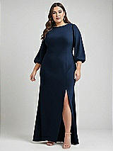 Alt View 1 Thumbnail - Midnight Navy & Evergreen Bishop Sleeve Open-Back Trumpet Gown with Scarf Tie