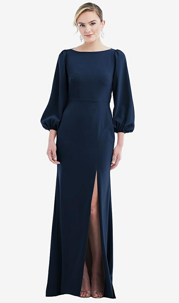 Back View - Midnight Navy & Evergreen Bishop Sleeve Open-Back Trumpet Gown with Scarf Tie