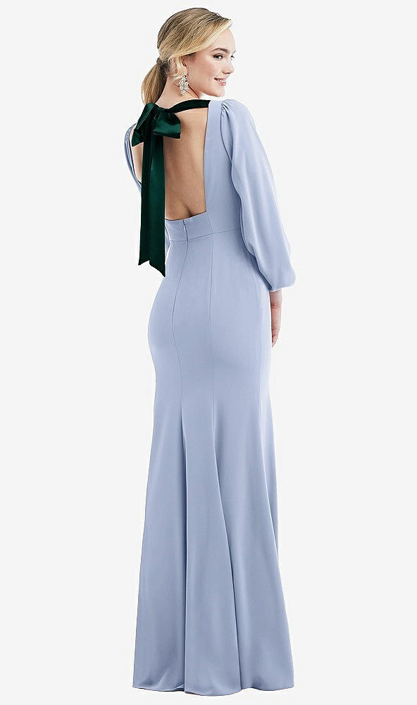 Front View - Sky Blue & Evergreen Bishop Sleeve Open-Back Trumpet Gown with Scarf Tie